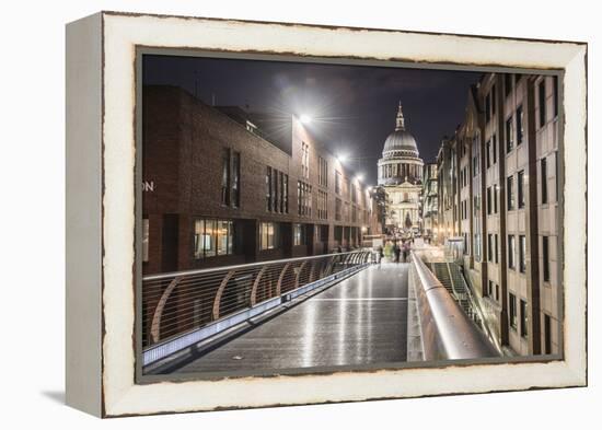 St. Pauls Cathedral at night, seen across Millennium Bridge, City of London, London, England-Matthew Williams-Ellis-Framed Premier Image Canvas