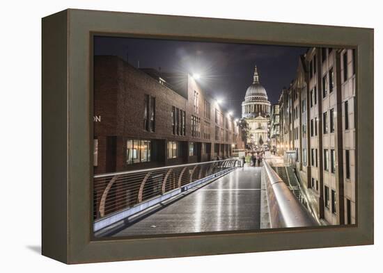 St. Pauls Cathedral at night, seen across Millennium Bridge, City of London, London, England-Matthew Williams-Ellis-Framed Premier Image Canvas