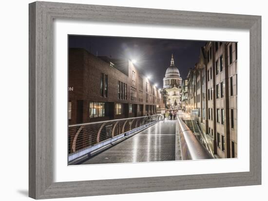 St. Pauls Cathedral at night, seen across Millennium Bridge, City of London, London, England-Matthew Williams-Ellis-Framed Photographic Print