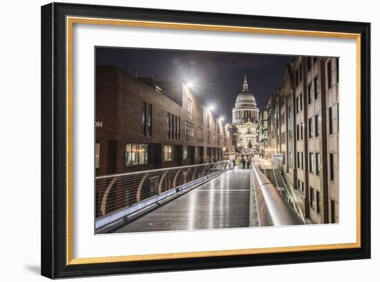 St. Pauls Cathedral at night, seen across Millennium Bridge, City of London, London, England-Matthew Williams-Ellis-Framed Photographic Print