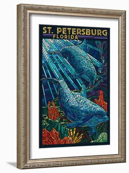 St. Petersburg, Florida - Dolphins Paper Mosaic-Lantern Press-Framed Art Print