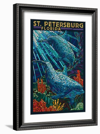 St. Petersburg, Florida - Dolphins Paper Mosaic-Lantern Press-Framed Art Print