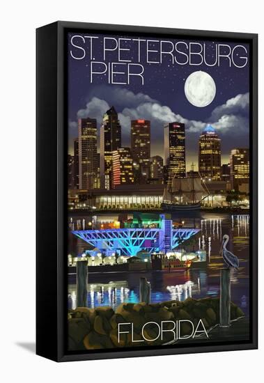 St. Petersburg, Florida - Night Skyline and Pier-Lantern Press-Framed Stretched Canvas