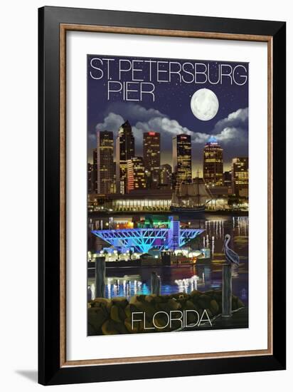 St. Petersburg, Florida - Night Skyline and Pier-Lantern Press-Framed Art Print