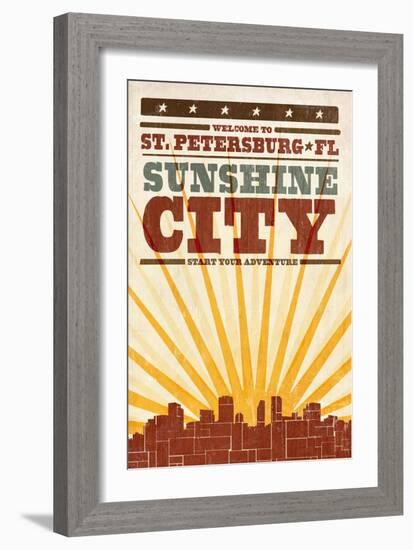 St. Petersburg, Florida - Skyline and Sunburst Screenprint Style-Lantern Press-Framed Art Print