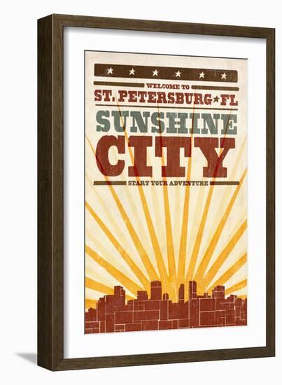 St. Petersburg, Florida - Skyline and Sunburst Screenprint Style-Lantern Press-Framed Art Print