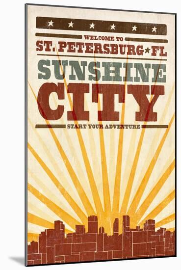 St. Petersburg, Florida - Skyline and Sunburst Screenprint Style-Lantern Press-Mounted Art Print