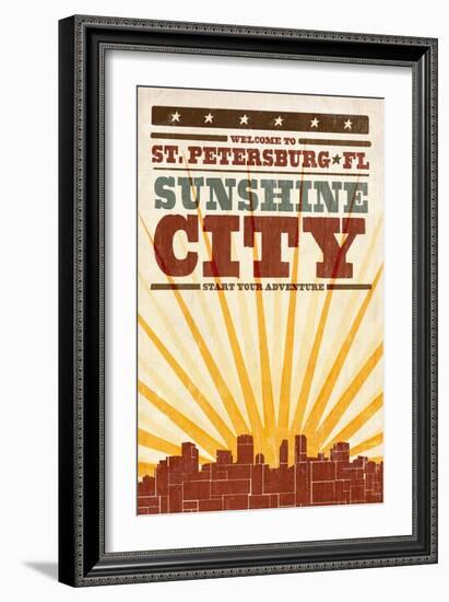 St. Petersburg, Florida - Skyline and Sunburst Screenprint Style-Lantern Press-Framed Art Print