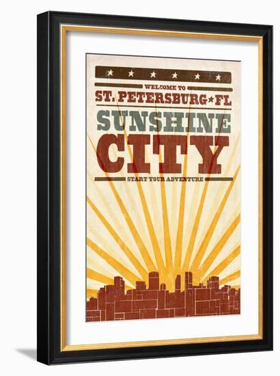 St. Petersburg, Florida - Skyline and Sunburst Screenprint Style-Lantern Press-Framed Art Print