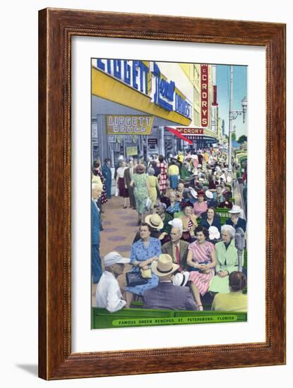 St. Petersburg, Florida - View of Crowds and Famous Green Benches-Lantern Press-Framed Art Print