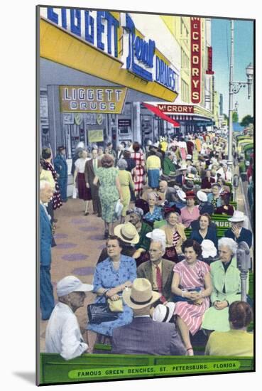 St. Petersburg, Florida - View of Crowds and Famous Green Benches-Lantern Press-Mounted Art Print