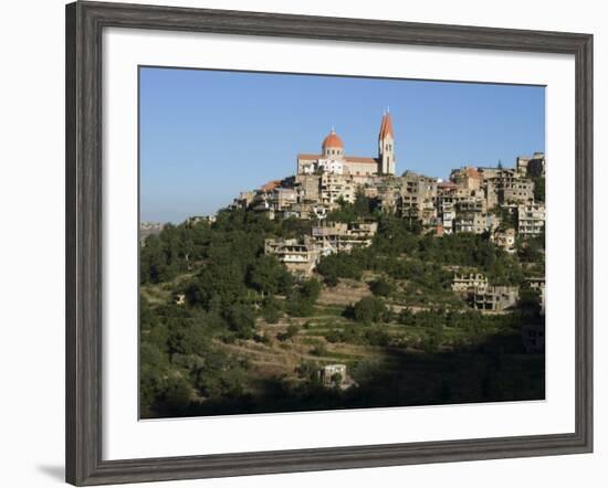 St. Saba Church and Red Tile Roofed Town, Bcharre, Qadisha Valley, North Lebanon-Christian Kober-Framed Photographic Print