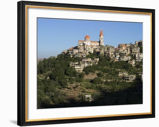 St. Saba Church and Red Tile Roofed Town, Bcharre, Qadisha Valley, North Lebanon-Christian Kober-Framed Photographic Print