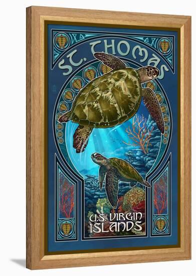 St. Thomas, U.S. Virgin Islands - Sea Turtle Art Nouveau-Lantern Press-Framed Stretched Canvas