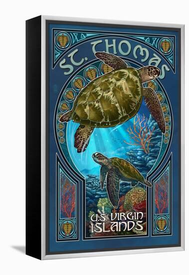 St. Thomas, U.S. Virgin Islands - Sea Turtle Art Nouveau-Lantern Press-Framed Stretched Canvas