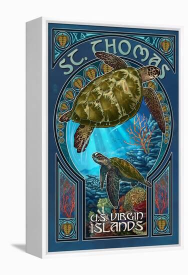 St. Thomas, U.S. Virgin Islands - Sea Turtle Art Nouveau-Lantern Press-Framed Stretched Canvas