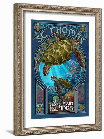 St. Thomas, U.S. Virgin Islands - Sea Turtle Art Nouveau-Lantern Press-Framed Art Print