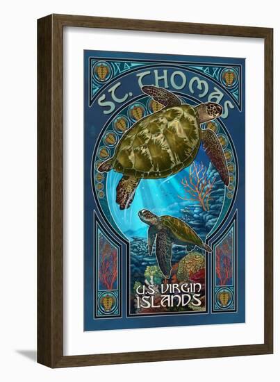 St. Thomas, U.S. Virgin Islands - Sea Turtle Art Nouveau-Lantern Press-Framed Art Print