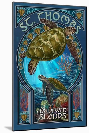 St. Thomas, U.S. Virgin Islands - Sea Turtle Art Nouveau-Lantern Press-Mounted Art Print
