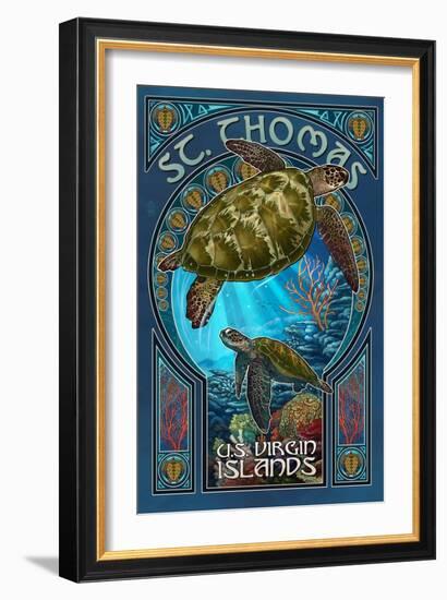 St. Thomas, U.S. Virgin Islands - Sea Turtle Art Nouveau-Lantern Press-Framed Art Print