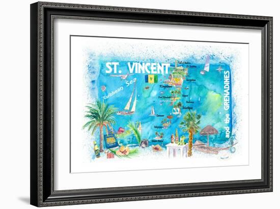 St Vincent Grenadines Antilles Illustrated Travel Map with Roads and Highlights-M. Bleichner-Framed Art Print