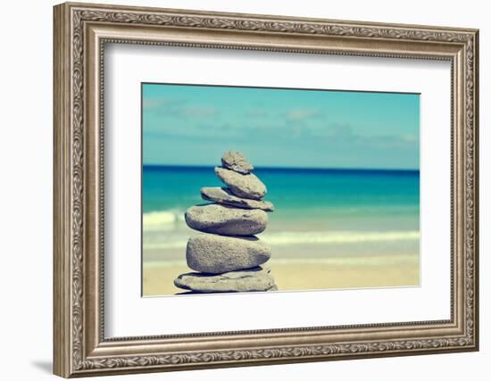 Stack of Balanced Stones in a White Sand Beach, with a Cross-Processed Effect-nito-Framed Photographic Print