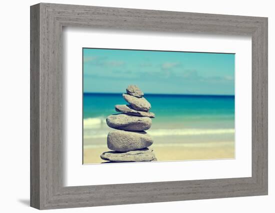 Stack of Balanced Stones in a White Sand Beach, with a Cross-Processed Effect-nito-Framed Photographic Print