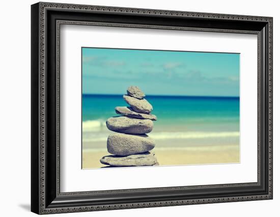 Stack of Balanced Stones in a White Sand Beach, with a Cross-Processed Effect-nito-Framed Photographic Print