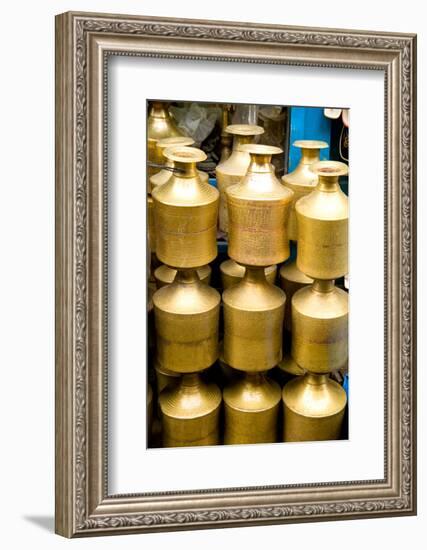 Stack of beautiful brass milk jugs or pots in Durbar Square in center of village of Kathmandu Nepal-Bill Bachmann-Framed Photographic Print