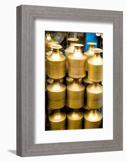 Stack of beautiful brass milk jugs or pots in Durbar Square in center of village of Kathmandu Nepal-Bill Bachmann-Framed Photographic Print