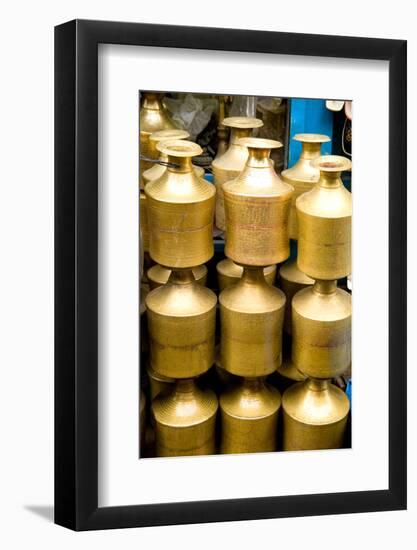 Stack of beautiful brass milk jugs or pots in Durbar Square in center of village of Kathmandu Nepal-Bill Bachmann-Framed Photographic Print