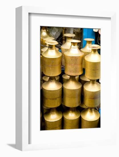 Stack of beautiful brass milk jugs or pots in Durbar Square in center of village of Kathmandu Nepal-Bill Bachmann-Framed Photographic Print