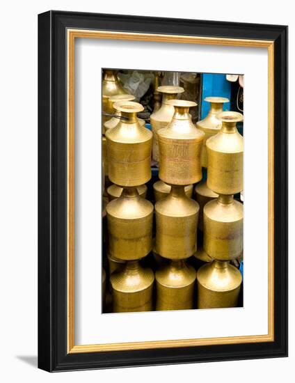 Stack of beautiful brass milk jugs or pots in Durbar Square in center of village of Kathmandu Nepal-Bill Bachmann-Framed Photographic Print