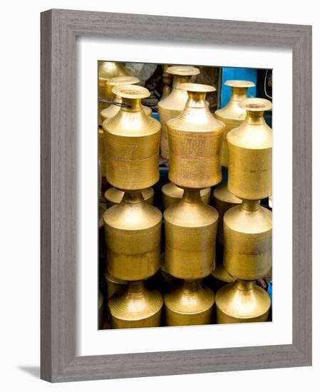 Stack of Brass Milk Jugs in Durbar Square, Kathmandu, Nepal-Bill Bachmann-Framed Photographic Print