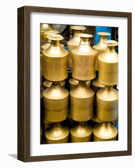 Stack of Brass Milk Jugs in Durbar Square, Kathmandu, Nepal-Bill Bachmann-Framed Photographic Print