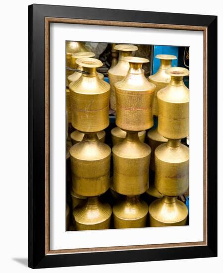 Stack of Brass Milk Jugs in Durbar Square, Kathmandu, Nepal-Bill Bachmann-Framed Photographic Print