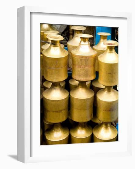 Stack of Brass Milk Jugs in Durbar Square, Kathmandu, Nepal-Bill Bachmann-Framed Photographic Print