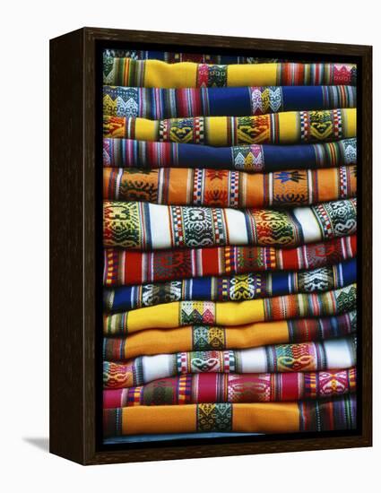 Stack of Colorful Blankets for Sale in Market, Peru-Jim Zuckerman-Framed Premier Image Canvas