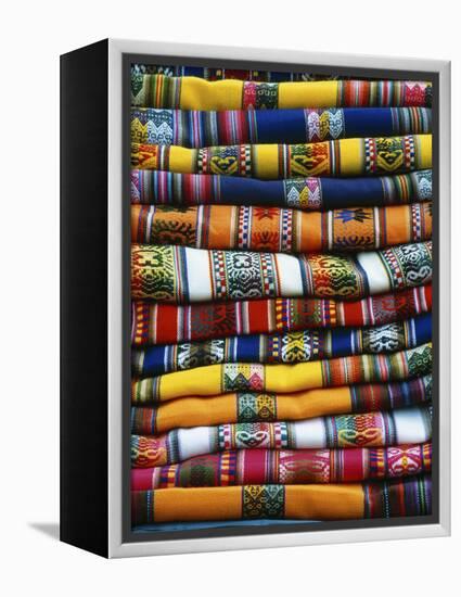 Stack of Colorful Blankets for Sale in Market, Peru-Jim Zuckerman-Framed Premier Image Canvas