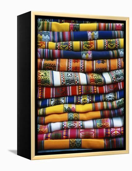 Stack of Colorful Blankets for Sale in Market, Peru-Jim Zuckerman-Framed Premier Image Canvas