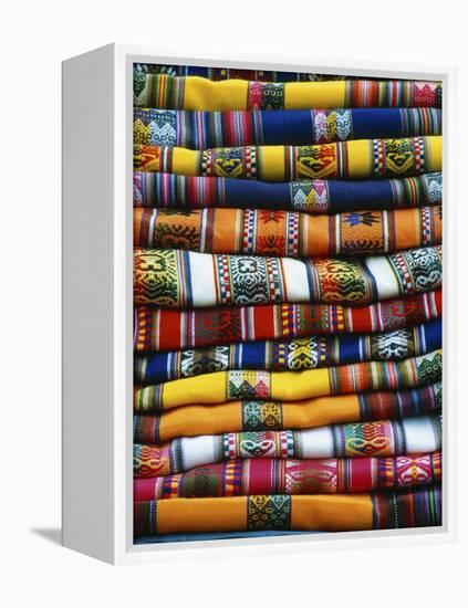 Stack of Colorful Blankets for Sale in Market, Peru-Jim Zuckerman-Framed Premier Image Canvas