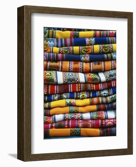 Stack of Colorful Blankets for Sale in Market, Peru-Jim Zuckerman-Framed Photographic Print