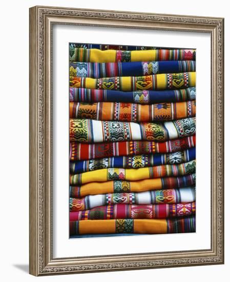 Stack of Colorful Blankets for Sale in Market, Peru-Jim Zuckerman-Framed Photographic Print