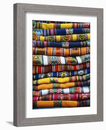 Stack of Colorful Blankets for Sale in Market, Peru-Jim Zuckerman-Framed Photographic Print