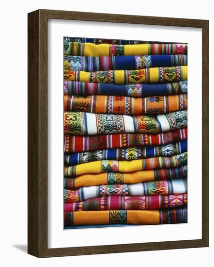 Stack of Colorful Blankets for Sale in Market, Peru-Jim Zuckerman-Framed Photographic Print