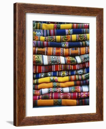 Stack of Colorful Blankets for Sale in Market, Peru-Jim Zuckerman-Framed Photographic Print