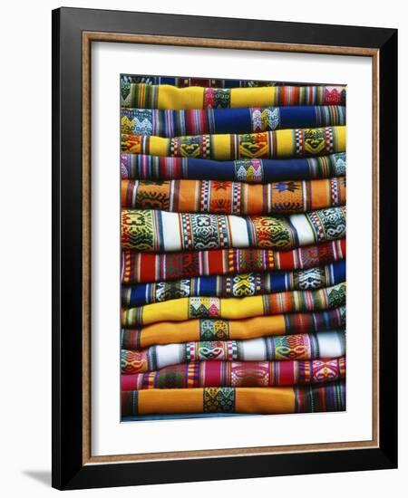 Stack of Colorful Blankets for Sale in Market, Peru-Jim Zuckerman-Framed Photographic Print