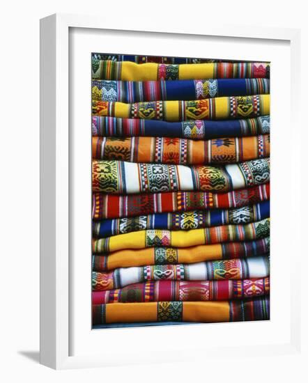 Stack of Colorful Blankets for Sale in Market, Peru-Jim Zuckerman-Framed Photographic Print