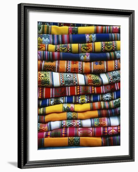 Stack of Colorful Blankets for Sale in Market, Peru-Jim Zuckerman-Framed Photographic Print