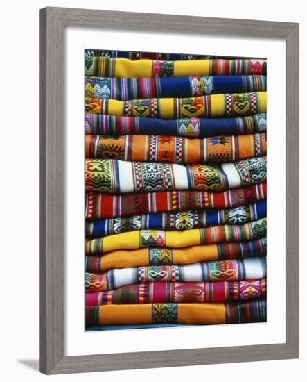 Stack of Colorful Blankets for Sale in Market, Peru-Jim Zuckerman-Framed Photographic Print